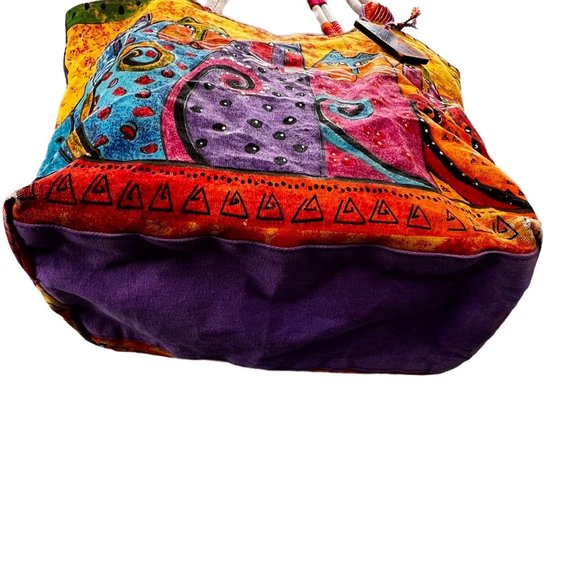 Vintage Laurel Burch Bag Handbag Tote Purse Cat Design Colorful Canvas Beach - Picture 8 of 16